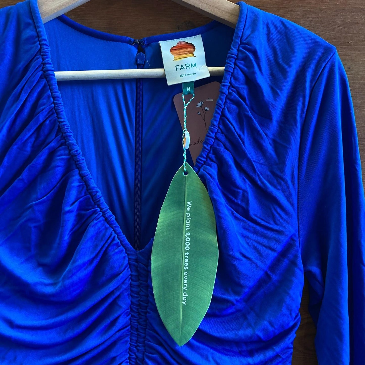 M - Farm Rio $240 Bright Blue Neckline Ruched Long Sleeve Midi Dress NEW 0626ME