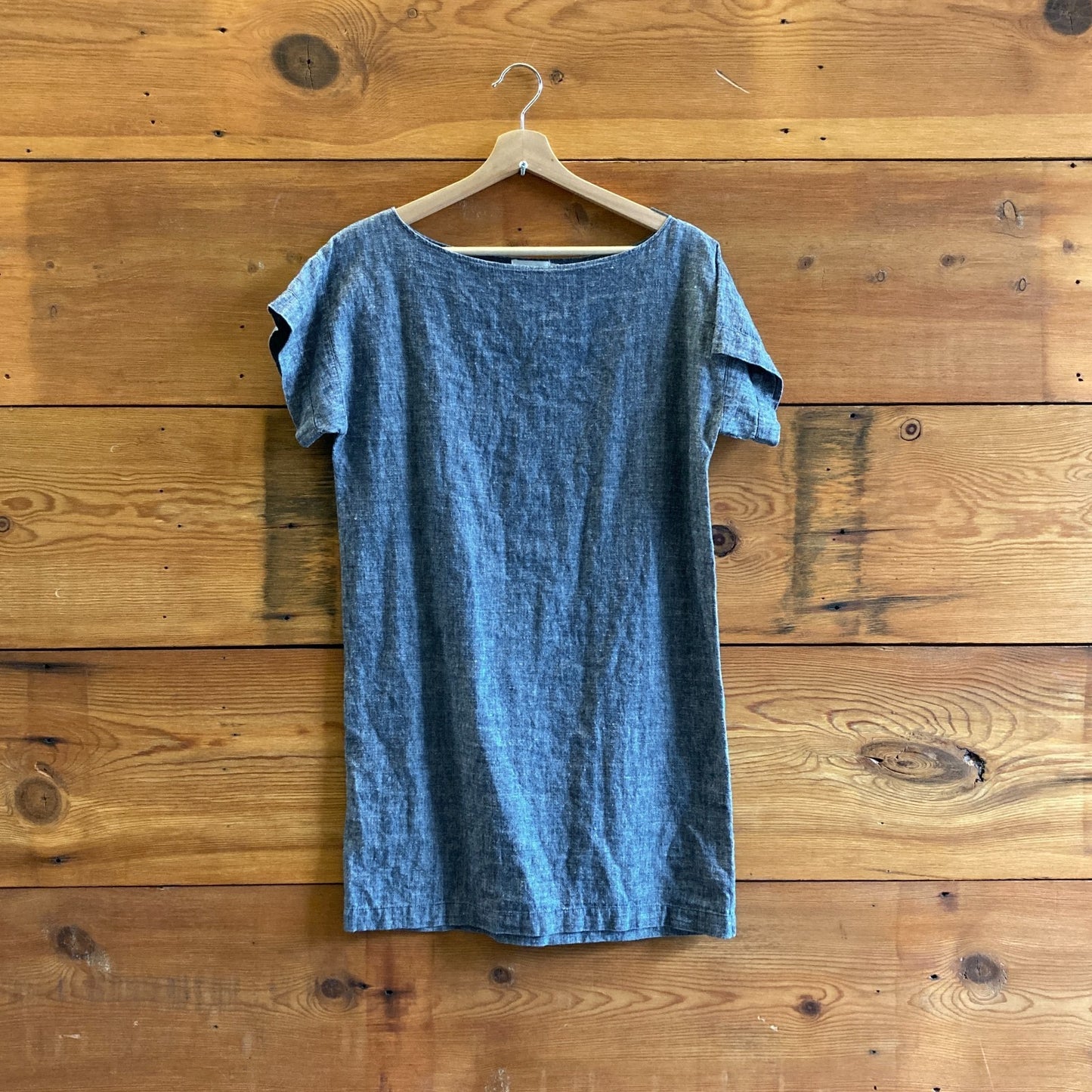 S - Ozma of California Blue Chambray Short Sleeve Hemp Blend Shift Dress 0312IG