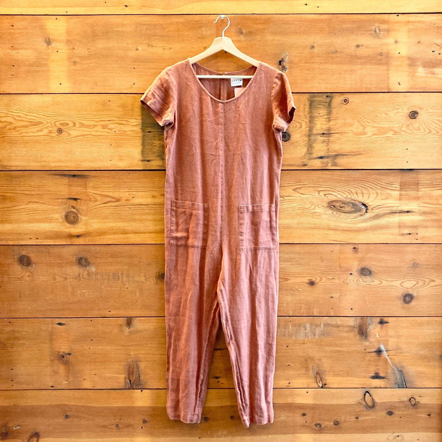 S - OffOn Burnt Orange Handmade Short Sleeve Linen Jumpsuit 1027SW