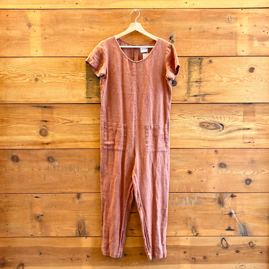 S - OffOn Burnt Orange Handmade Short Sleeve Linen Jumpsuit 1027SW