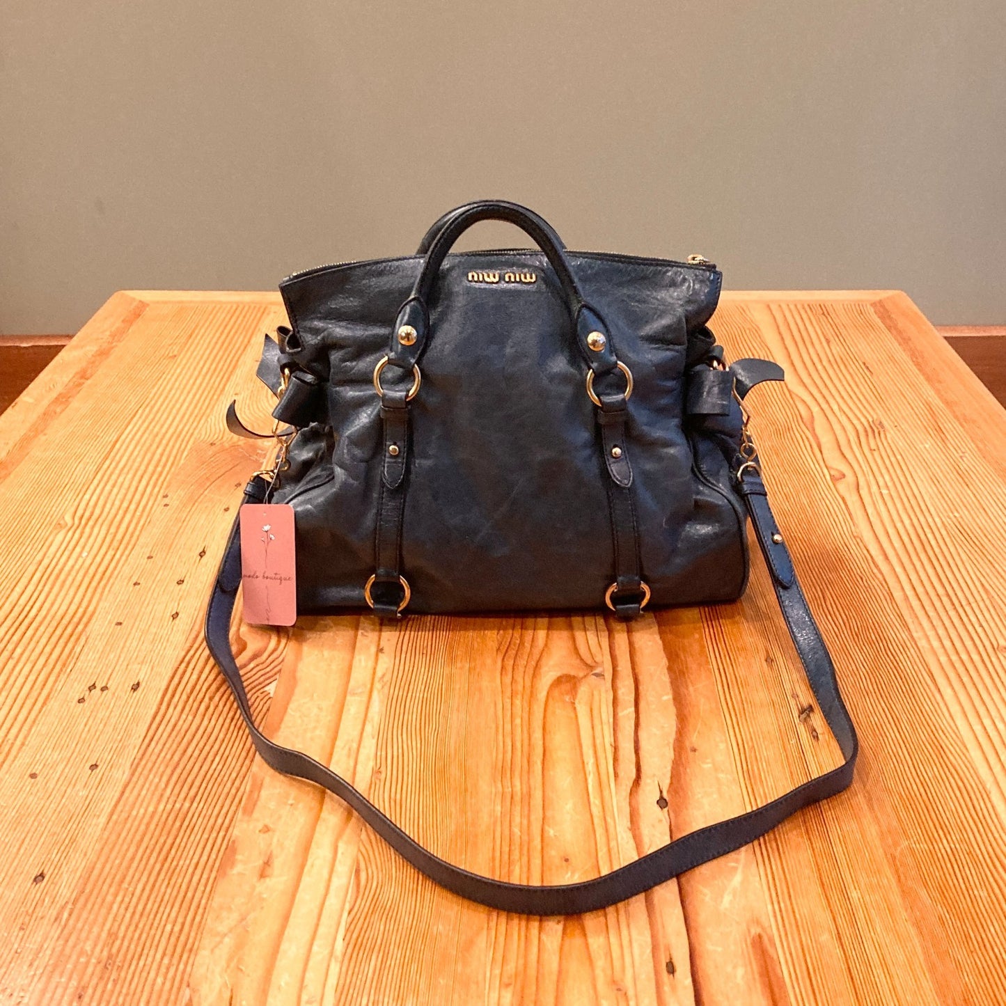 Miu Miu Dark Blue Leather Vitello Lux Bow Bag Top Handle Purse 0811SV