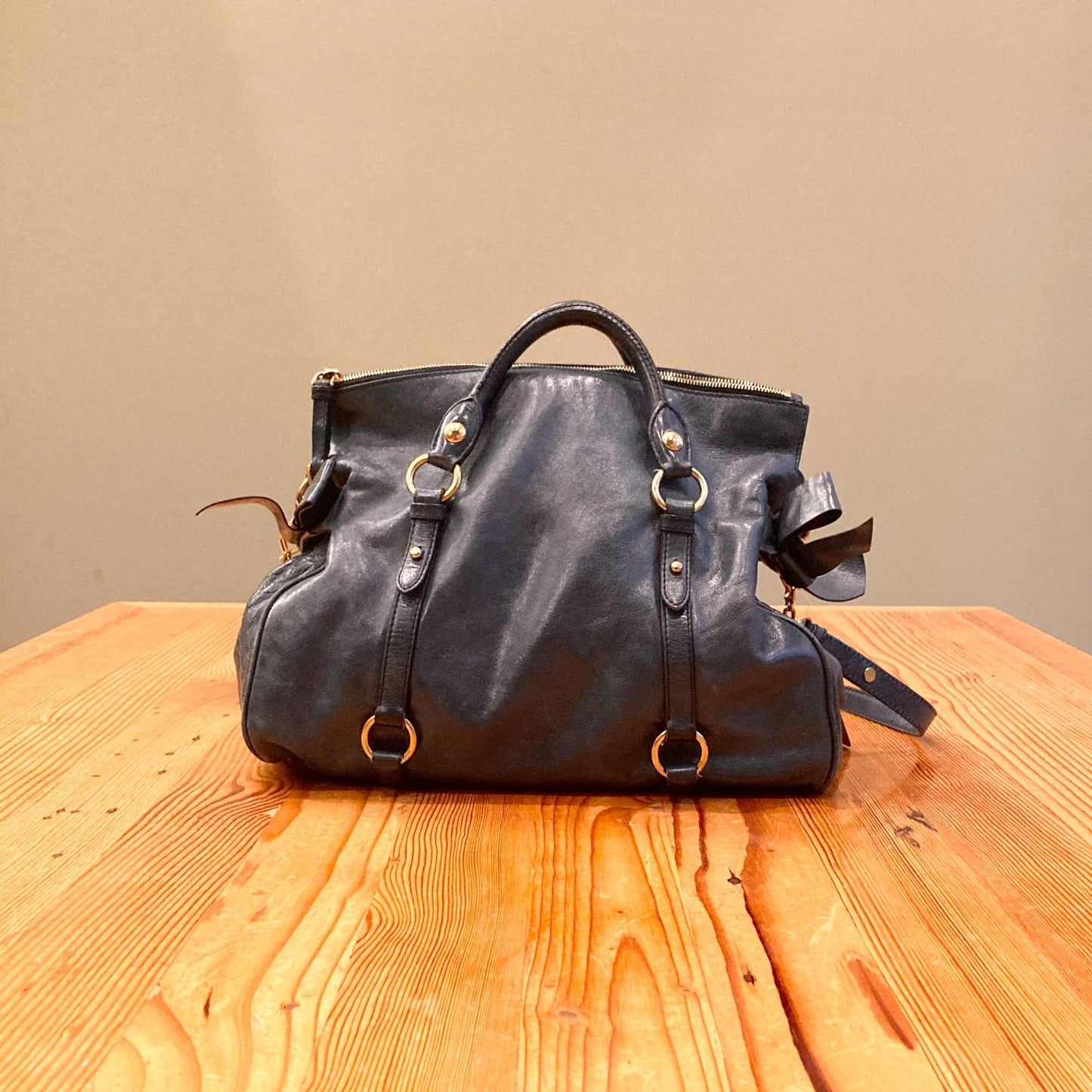 Miu Miu Dark Blue Leather Vitello Lux Bow Bag Top Handle Purse 0811SV