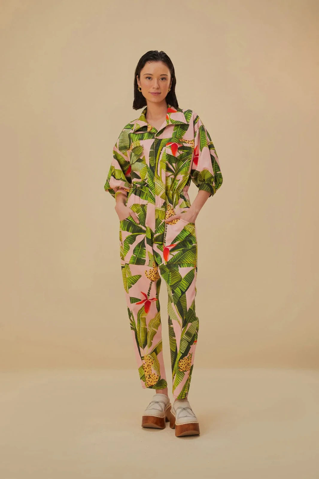M - Farm Rio Pink Green NEW $285 Banana Leaves Snap Front Jumpsuit 1031LF