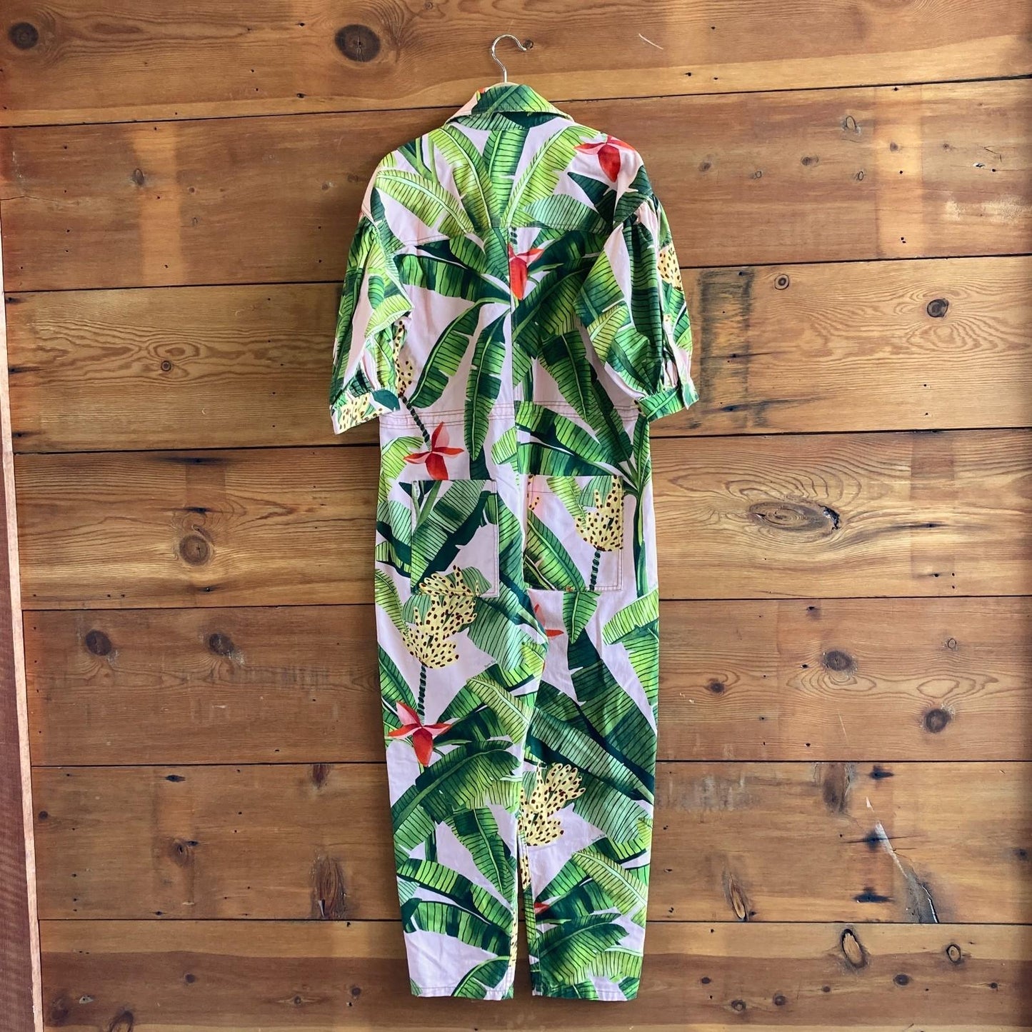 M - Farm Rio Pink Green NEW $285 Banana Leaves Snap Front Jumpsuit 1031LF