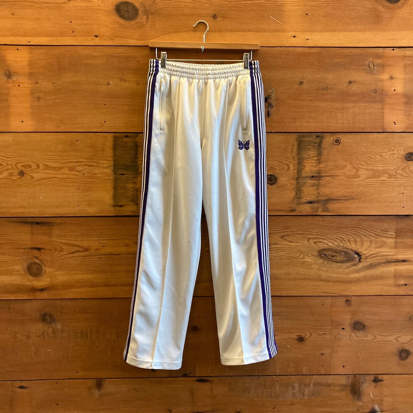 S - Needles Off-White w/ Purple Side Stripe Sideline Womens Track Pants 1011SC