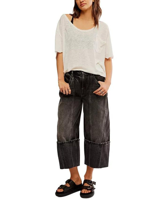 26 - We The Free by Free People Black Olsen Cuffed Barrel Jeans 0628AC