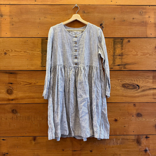 M - Not Perfect Linen White Grid Print Long Sleeve Mama Midi Dress 0519DS