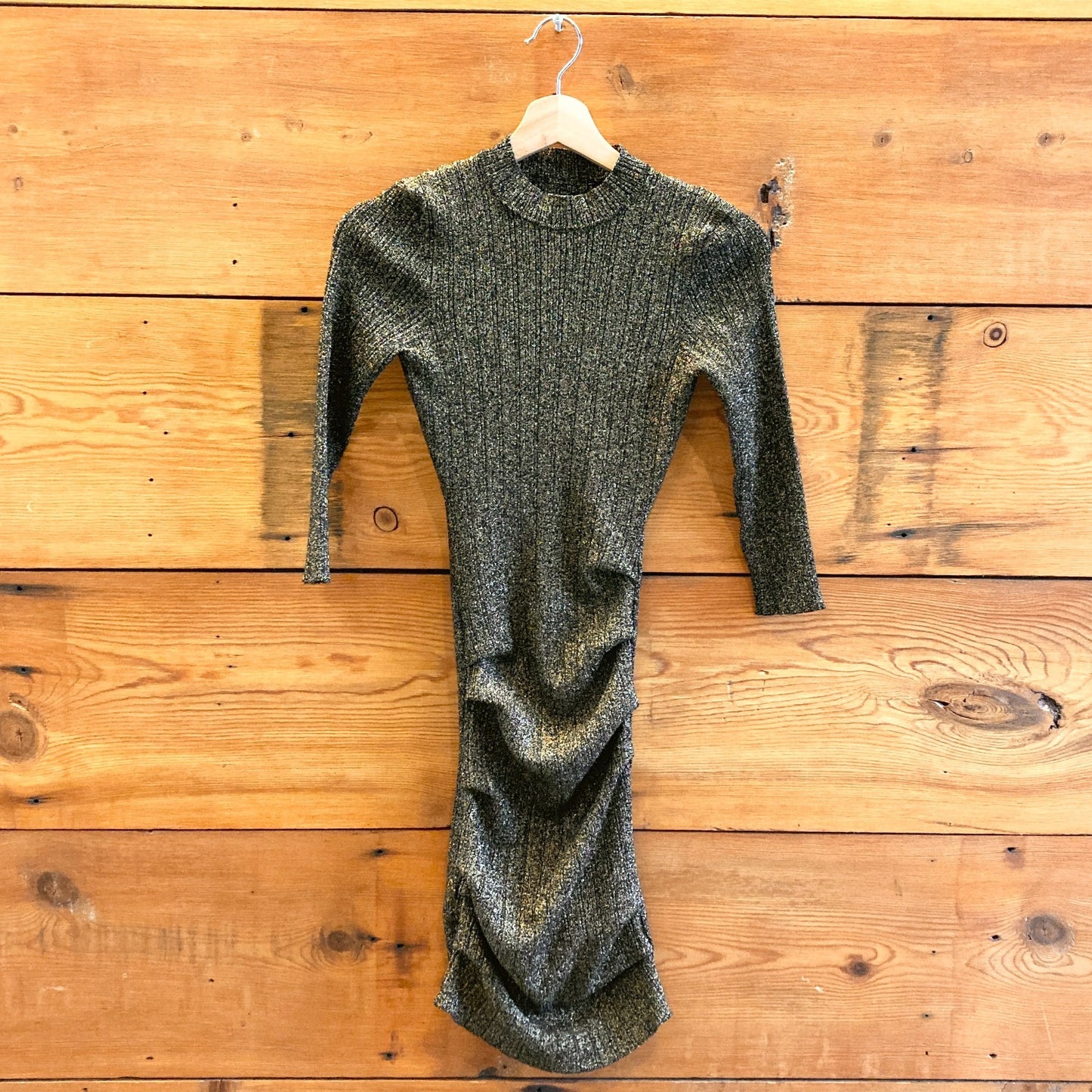 XS - Maje Black Gold Shimmer Stretch Fit Rimaldie Ruched Mock Neck Dress 0224DM