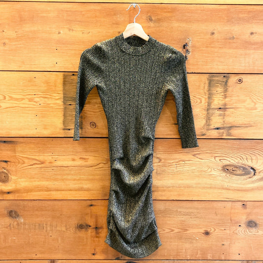 XS - Maje Black Gold Shimmer Stretch Fit Rimaldie Ruched Mock Neck Dress 0224DM