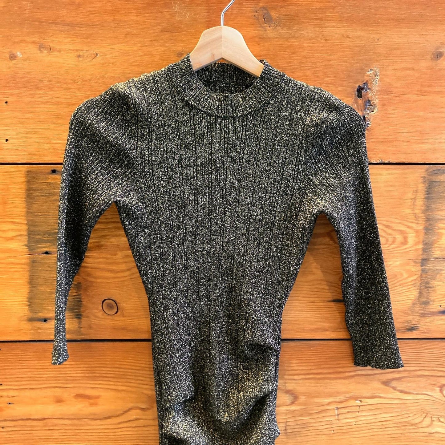 XS - Maje Black Gold Shimmer Stretch Fit Rimaldie Ruched Mock Neck Dress 0224DM