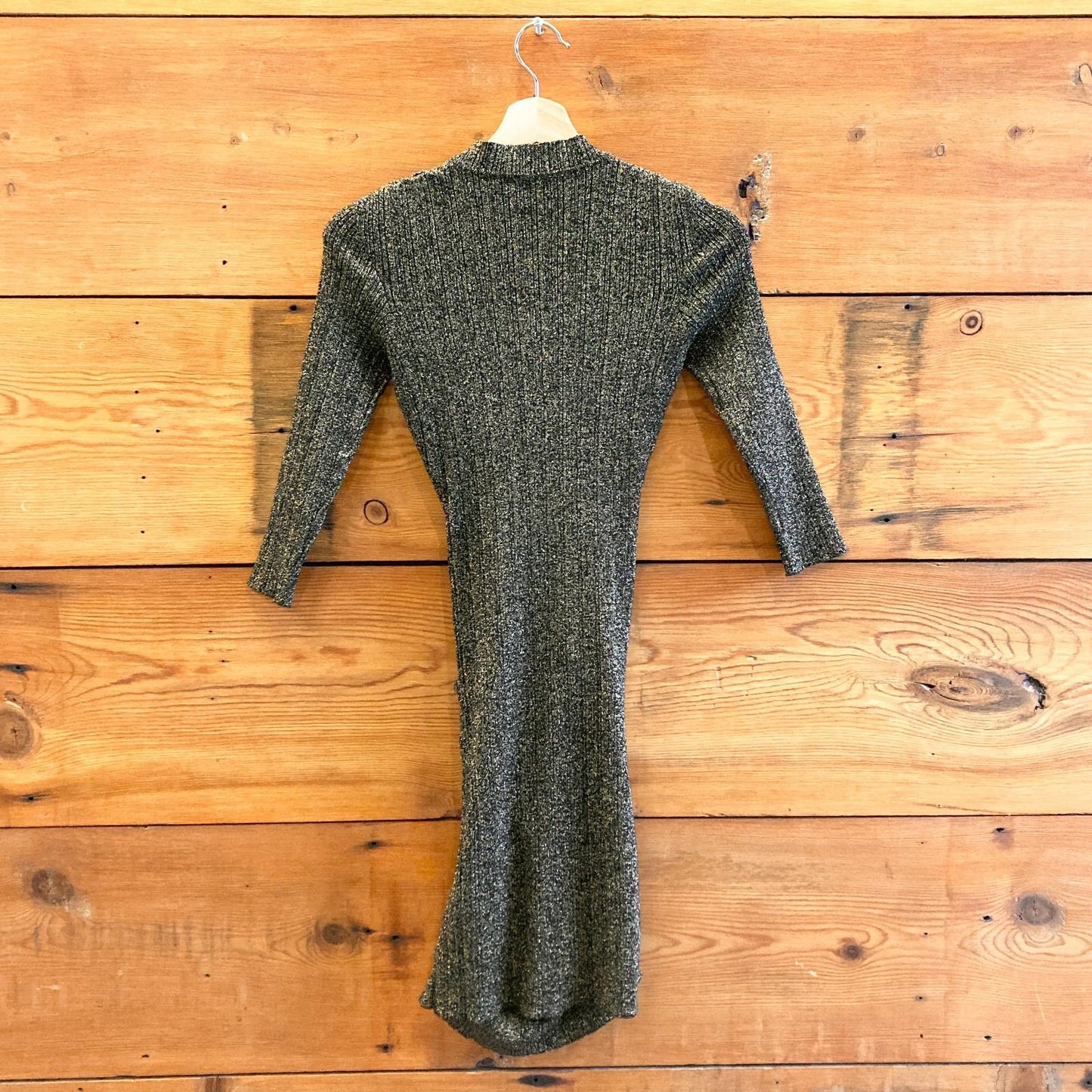 XS - Maje Black Gold Shimmer Stretch Fit Rimaldie Ruched Mock Neck Dress 0224DM