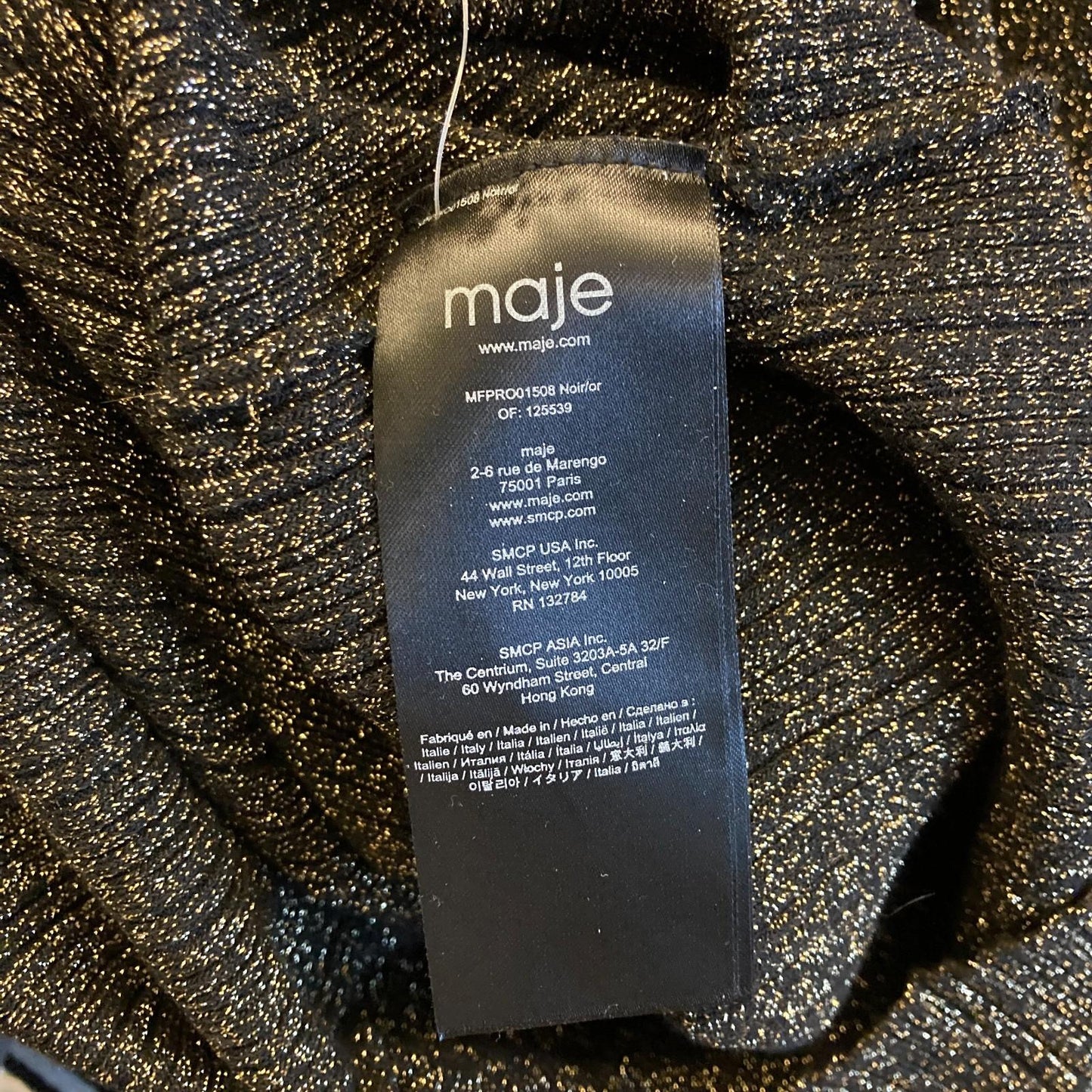 XS - Maje Black Gold Shimmer Stretch Fit Rimaldie Ruched Mock Neck Dress 0224DM