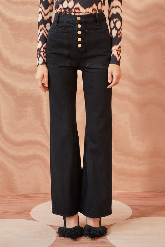 28- Ulla Johnson $420 Black Button Fly The Lou Kick Flare High Rise Jeans 0305JB