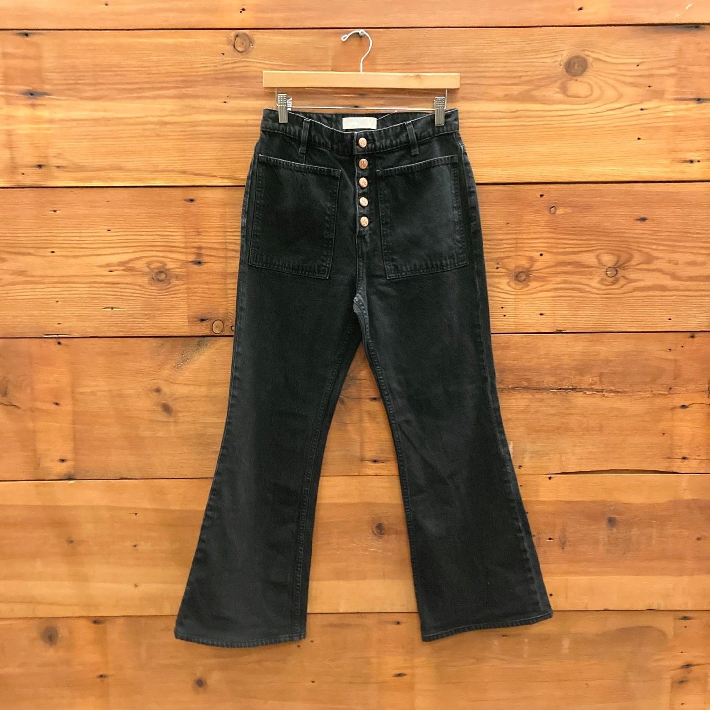 28- Ulla Johnson $420 Black Button Fly The Lou Kick Flare High Rise Jeans 0305JB