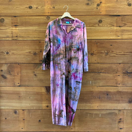 S - Chloe Cox Pink Tie-Dye Long Sleeve Button Front Utility Jumpsuit 0401AM