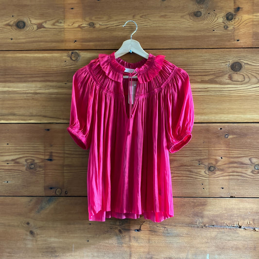 0 / XS - Ulla Johnson Pink Eleni Crushed Plisse Satin Short Sleeve Top 0410KB