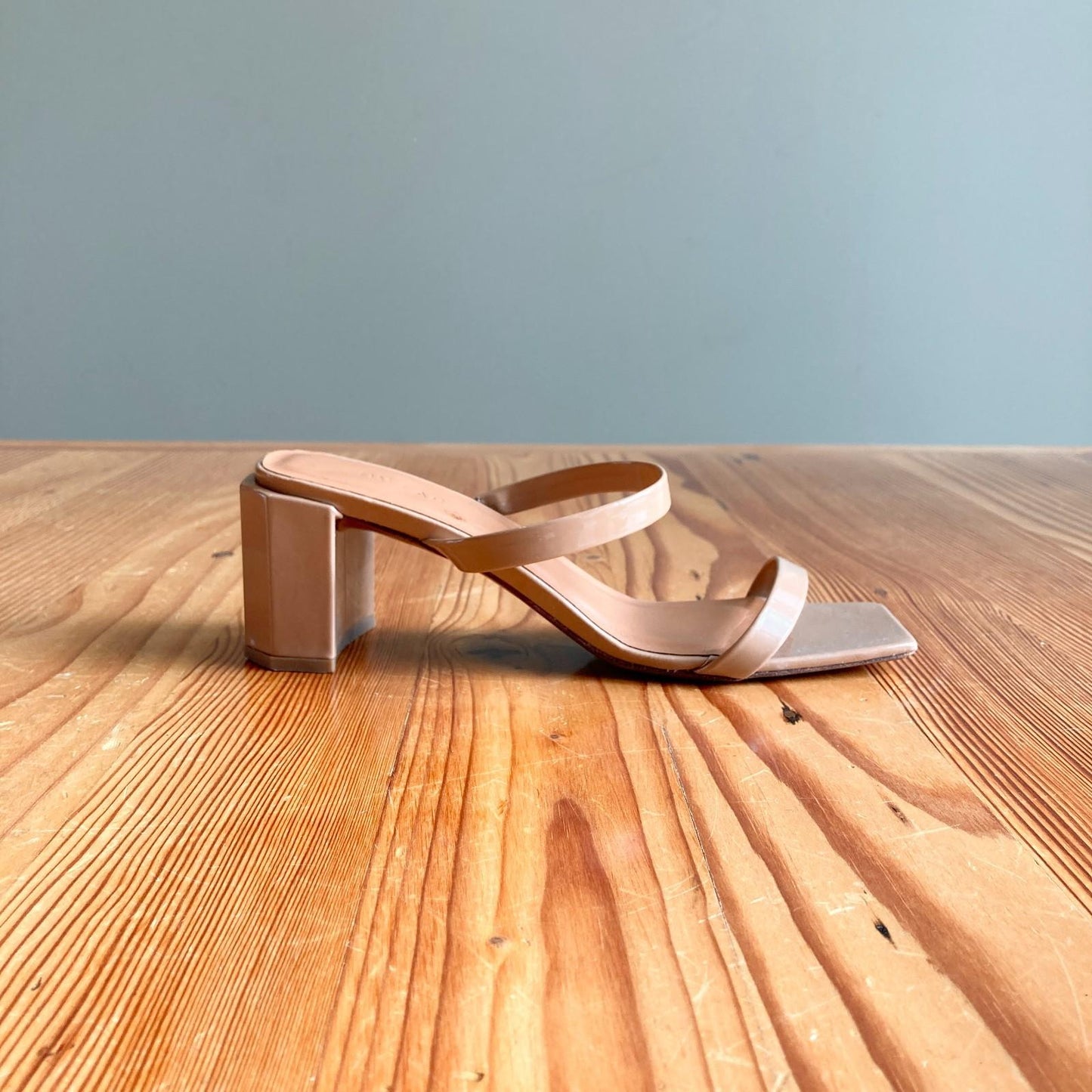 37 / 7 - By Far Nude Tan Patent Leather Tanya Slip On Heels Sandals 1016LD