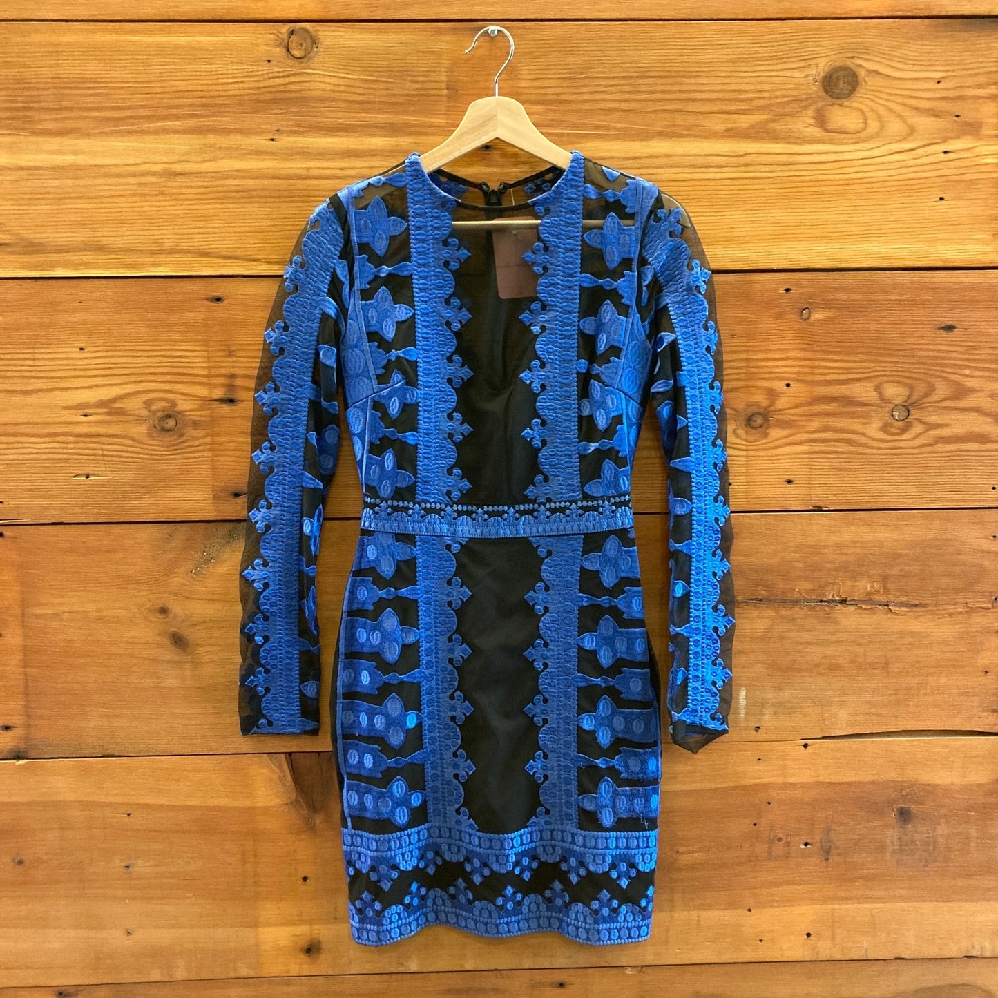 0 - Nicole Miller Blue & Black Embroidered Long Sleeve Holiday Dress 1125RS