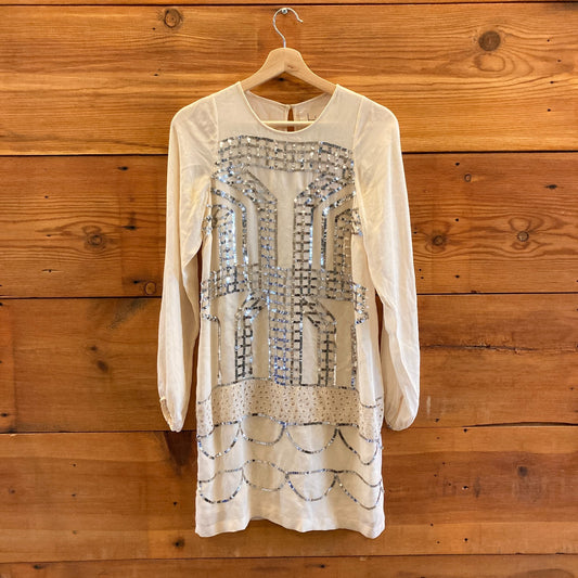 4 - Nicole Miller Collection Ivory Silver Sequined Holiday Shift Dress 1125RS