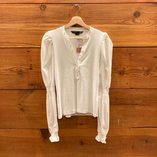 S - Veronica Beard White Ribbed Puff Sleeve Button Neck Effy Shirt 1120PK