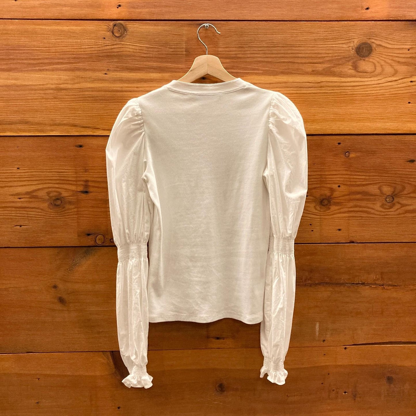 S - Veronica Beard White Ribbed Puff Sleeve Button Neck Effy Shirt 1120PK