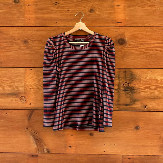 L - Veronica Beard Navy Stripes Puff Sleeve Britney Long Sleeve Top 0205BS
