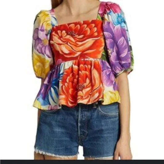 L - Farm Rio Rainbow Chita Floral Puff Sleeve Peplum NEW $145 Shirt Top 1203TR