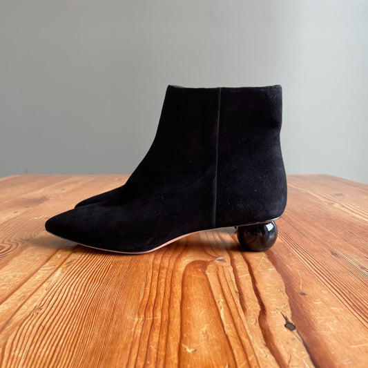 9.5 - Kate Spade Black Suede Sydney Pointed Toe Unique Heel Ankle Booties 1203TR