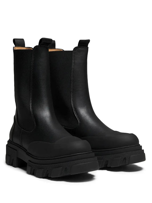 36 / 5.5 - Ganni Black Leather Chelsea Chunky Lug Sole Womens Mid Boots 0312IG