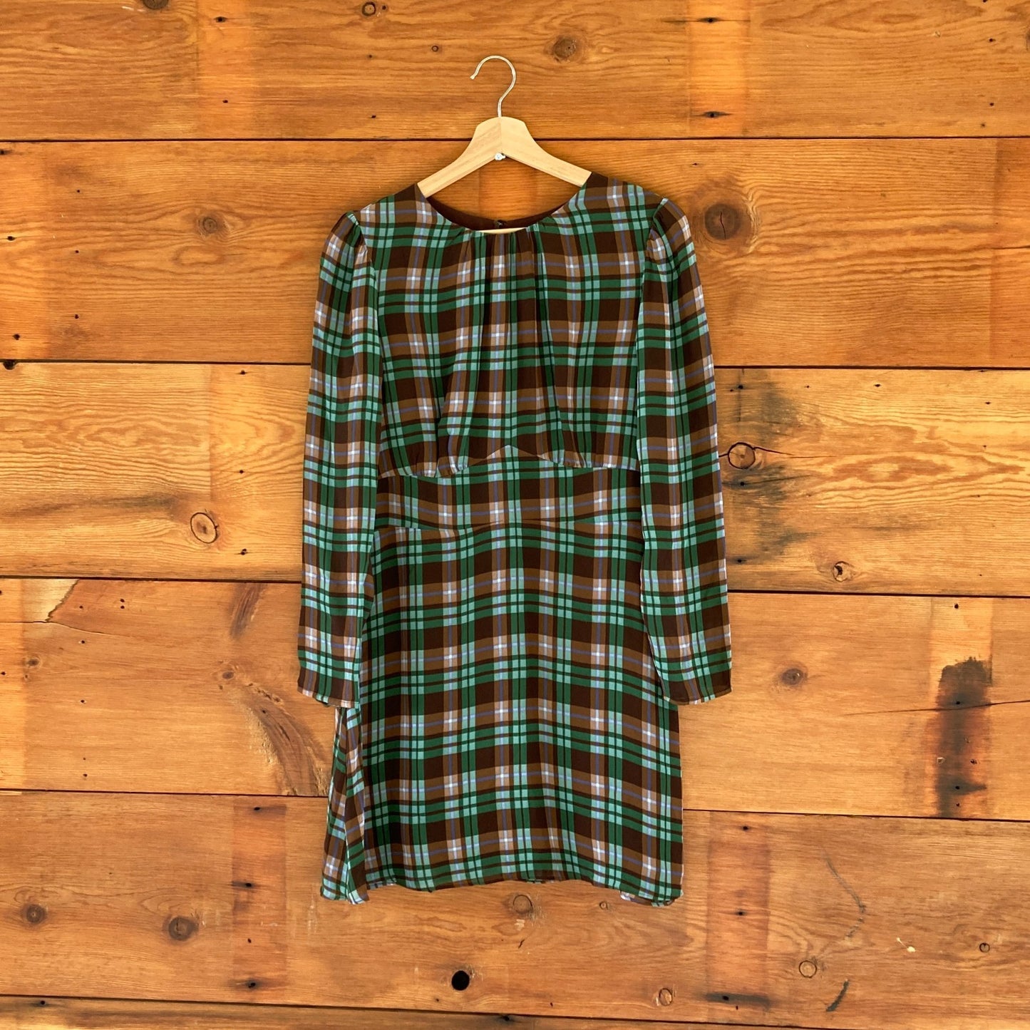 12 - Reformation Brown Green Plaid Long Sleeve Laken Mini Dress 1215KM