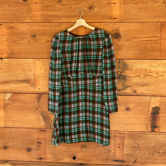 12 - Reformation Brown Green Plaid Long Sleeve Laken Mini Dress 1215KM