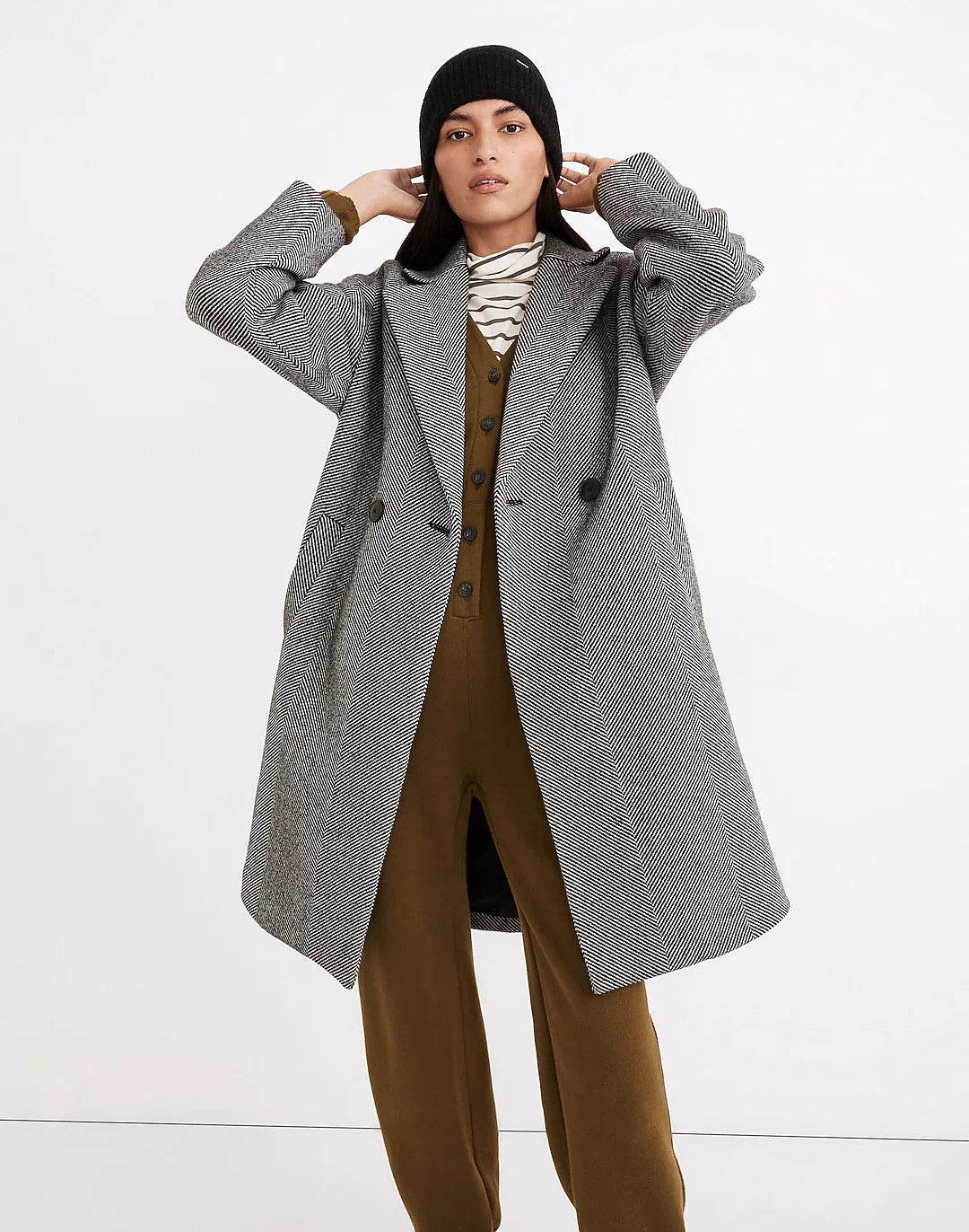 XXS - Madewell Black White Herringbone Averdon Wool Insuluxe Fabric Coat 0106KL