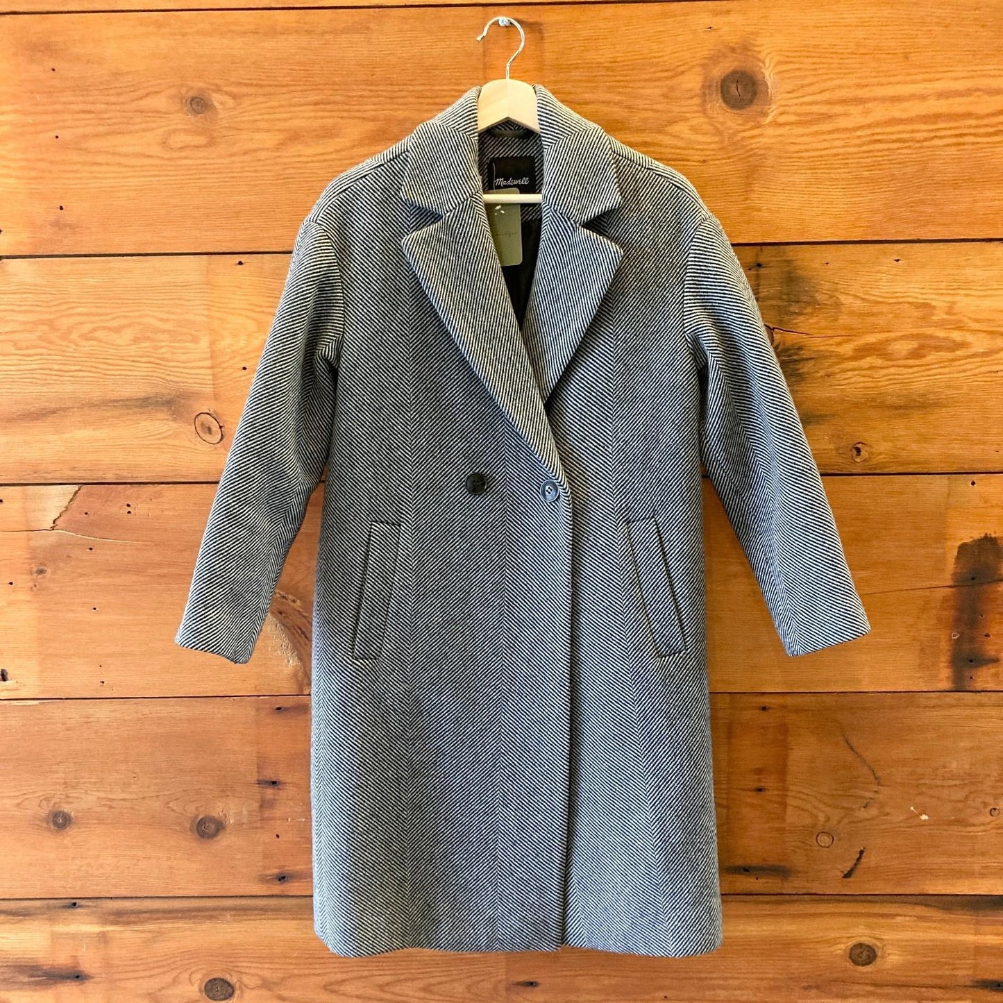 XXS - Madewell Black White Herringbone Averdon Wool Insuluxe Fabric Coat 0106KL