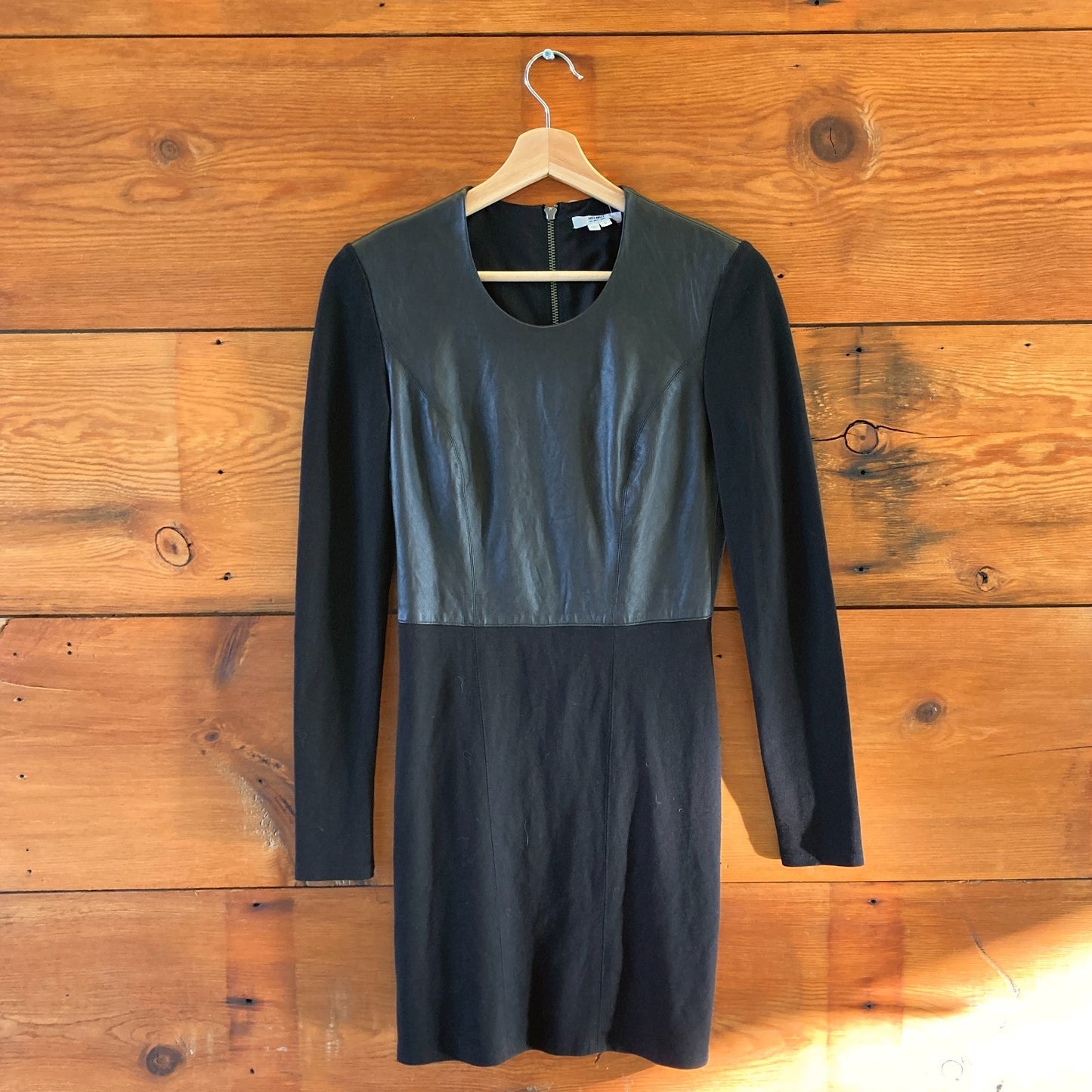 S - Helmut Lang Black Long Sleeve Back Zip Leather Contrast Dress 0816TB