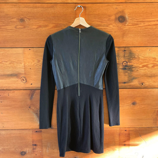 S - Helmut Lang Black Long Sleeve Back Zip Leather Contrast Dress 0816TB
