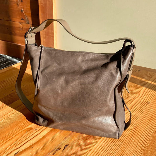 AllSaints Greyish Brown Leather Zoku Large Top Zip Tote Bag Purse 0802DZ