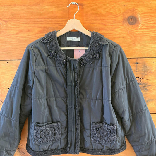 46 / M - Prada Black Insulated Quilted Applique Zip Up Coat *damage 0920PW