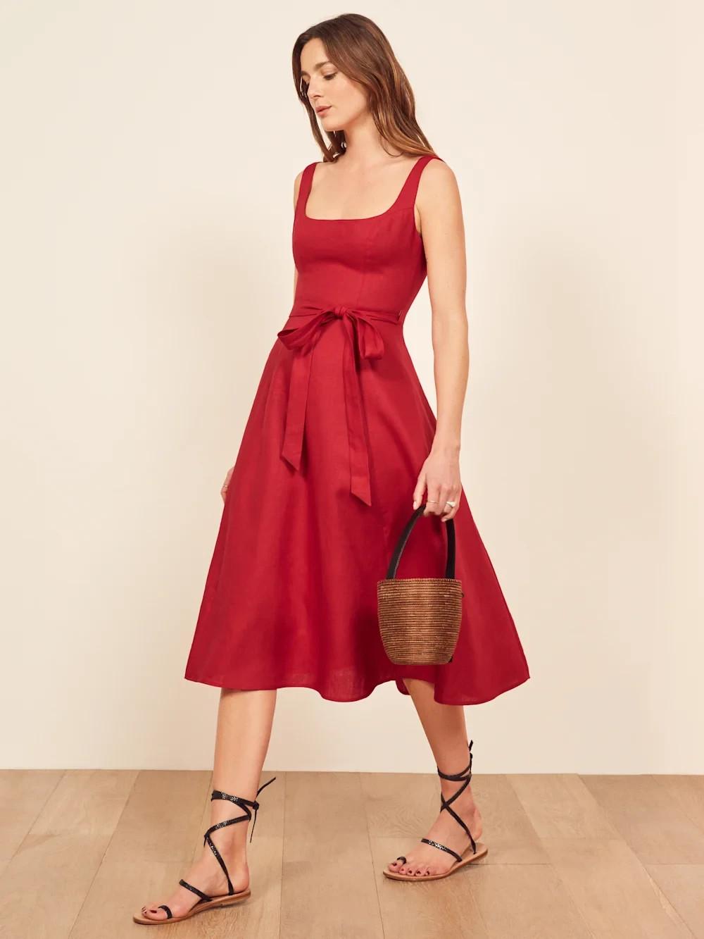 S - Reformation Cherry Red 100% Linen Sleeveless Garten Wrap Dress NEW 1214CM