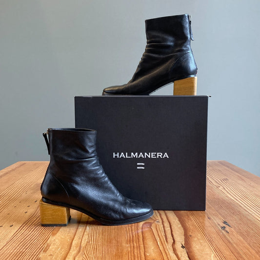 38 / 7.5 - Halmanera Black Leather Back Zip Wood Block Heel Boots w/ Box 0804MS