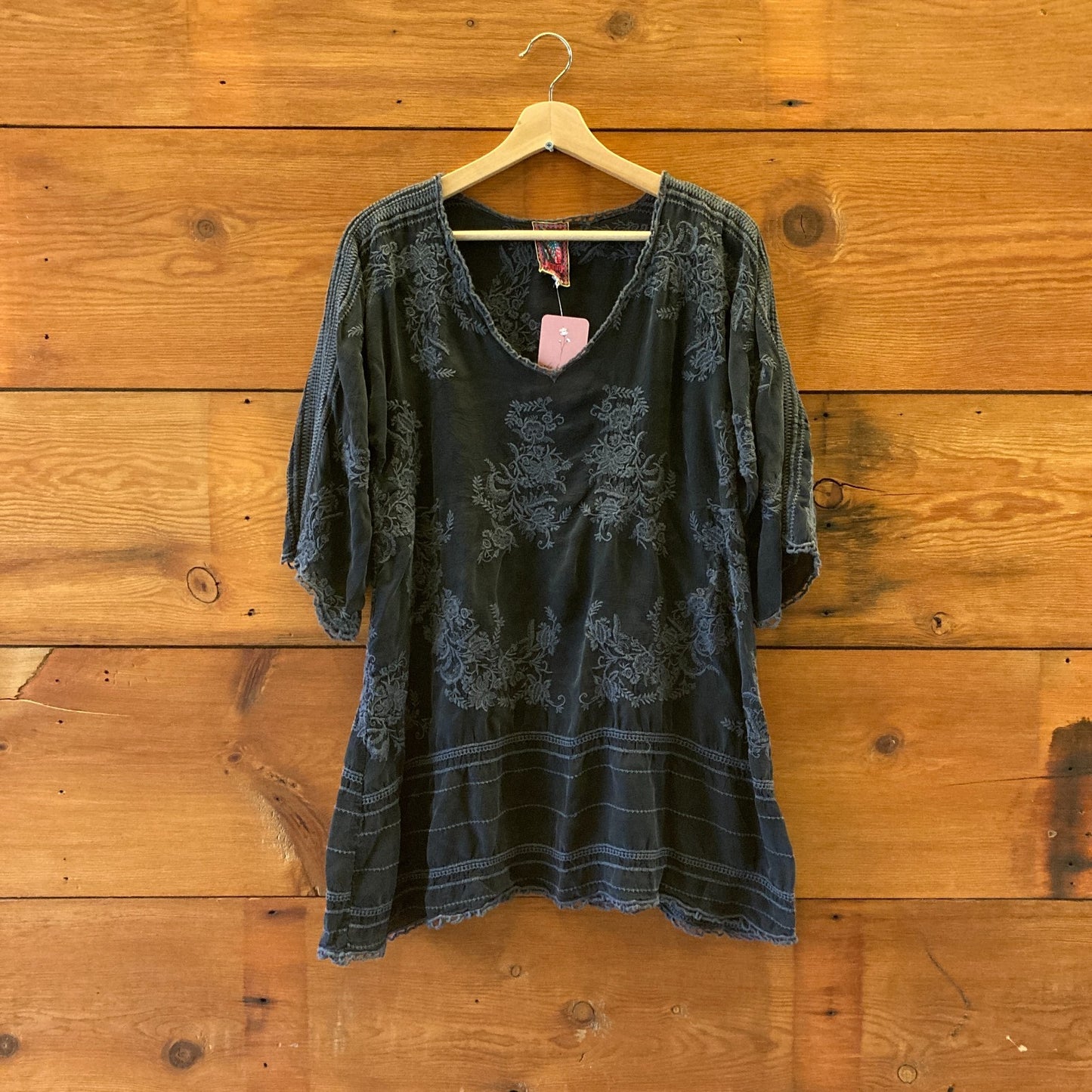 S - Johnny Was Navy Blue Embroidered V Neck 3/4 Sleeve Tunic Mini Dress 0719JK