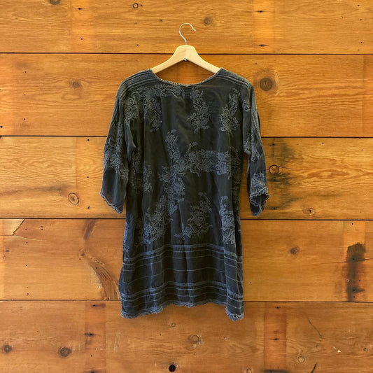 S - Johnny Was Navy Blue Embroidered V Neck 3/4 Sleeve Tunic Mini Dress 0719JK