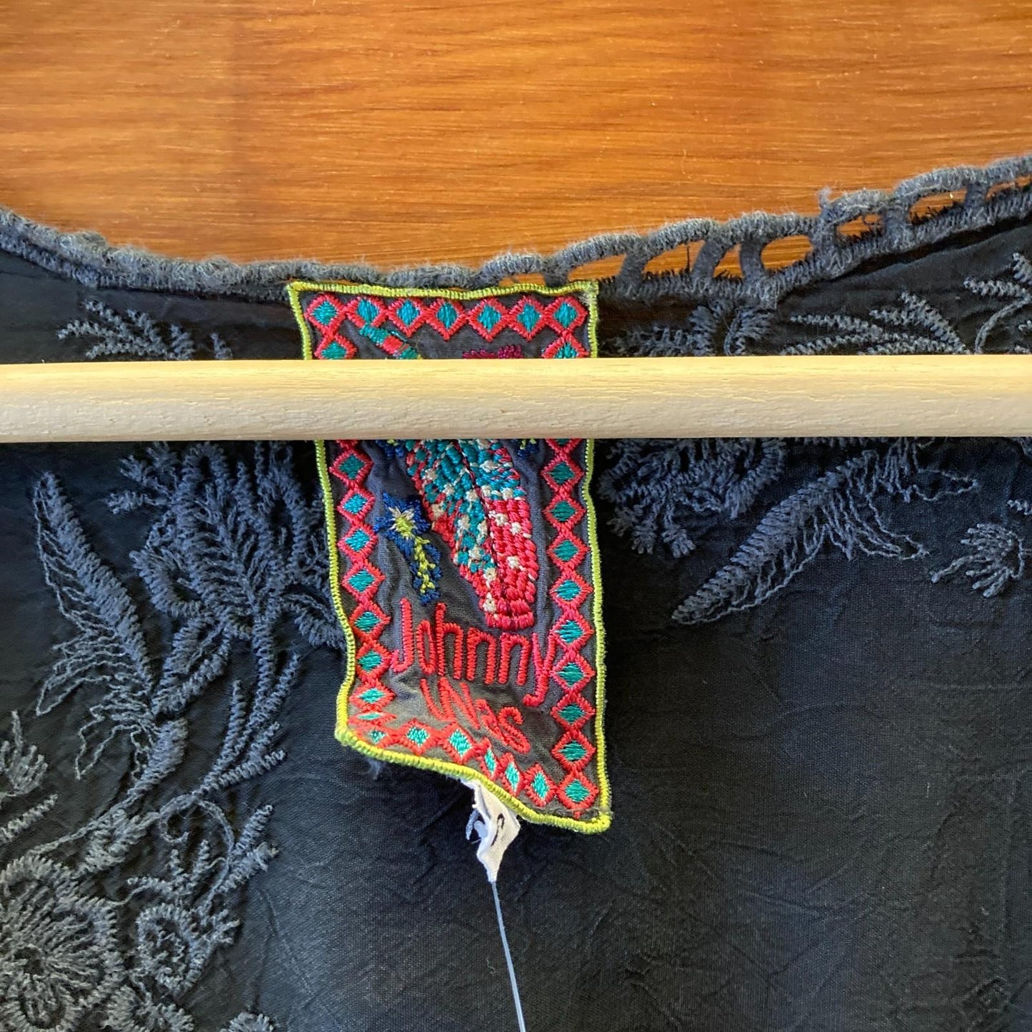 S - Johnny Was Navy Blue Embroidered V Neck 3/4 Sleeve Tunic Mini Dress 0719JK