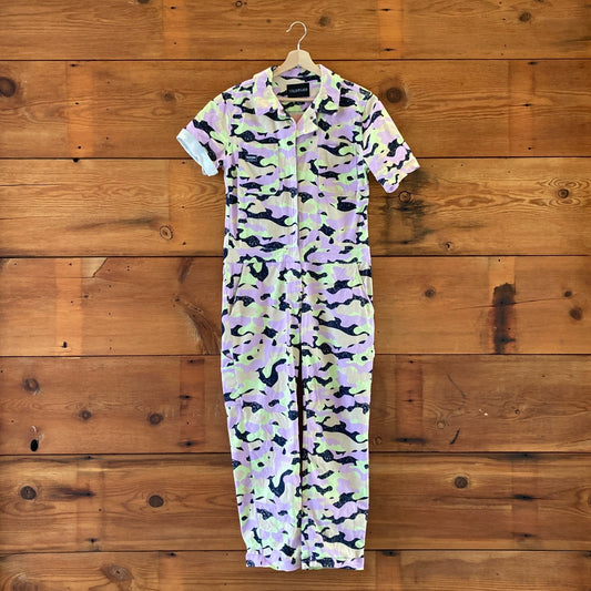 S - Wildfang Lavender Patterned Short Sleeve Essential Coverall Jumpsuit 0326EN