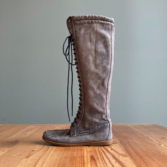 9 - Bed Stu Free People Grey Distressed Leather Tall Lace-Up Cleary Boots 0103JM