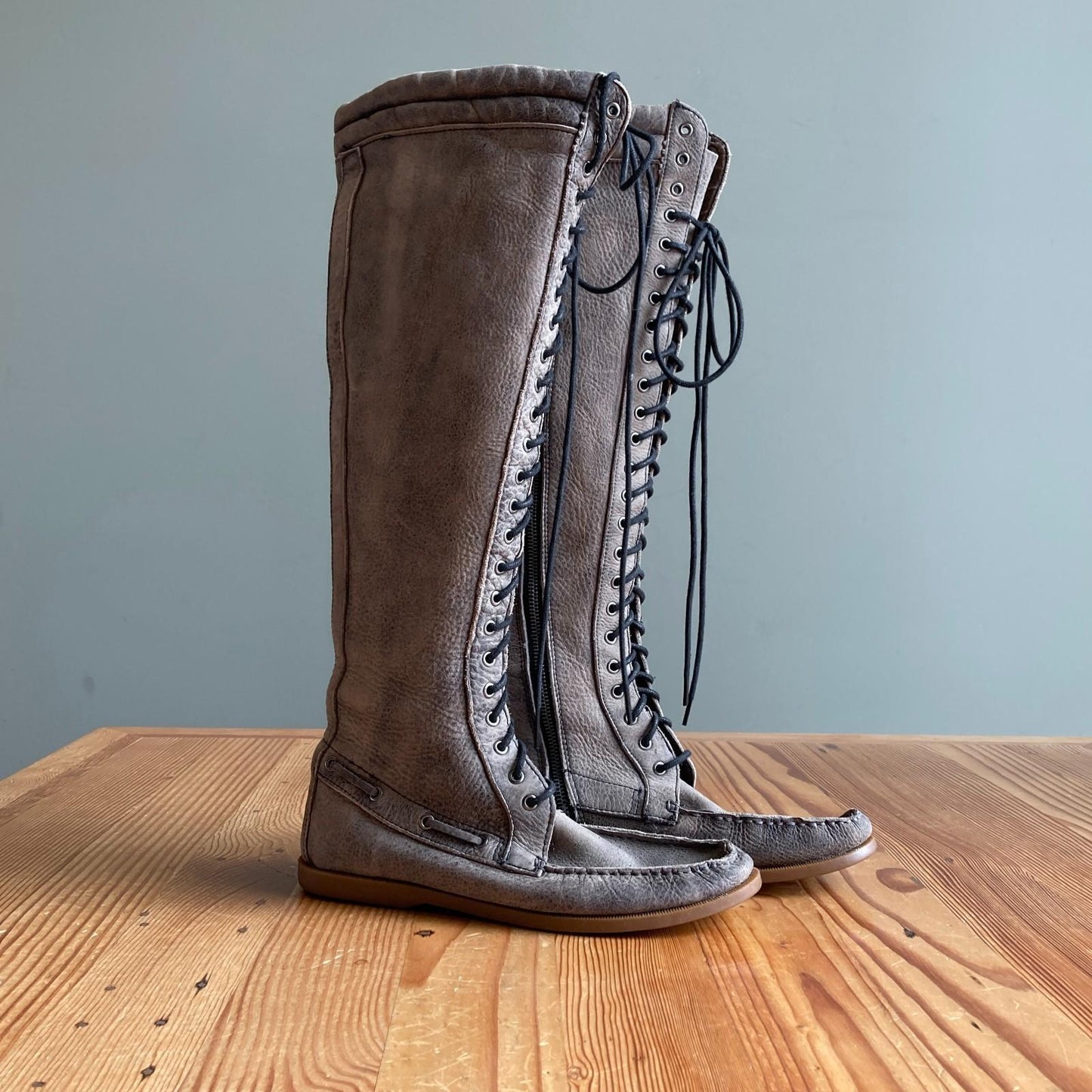 9 - Bed Stu Free People Grey Distressed Leather Tall Lace-Up Cleary Boots 0103JM