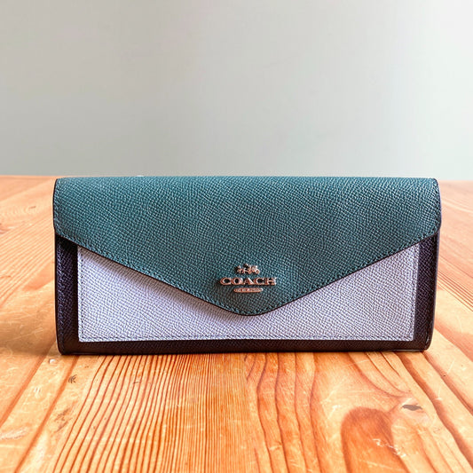 Coach NEW Green Blue Navy Color-block Pebbled Leather Envelope Wallet 0322AS