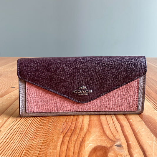 Coach NEW Purple Pink Tan Color-block Pebbled Leather Envelope Wallet 0322AS
