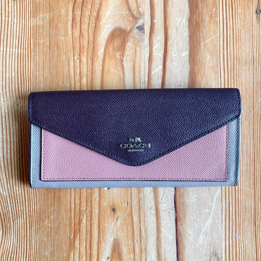 Coach NEW Purple Pink Tan Color-block Pebbled Leather Envelope Wallet 0322AS