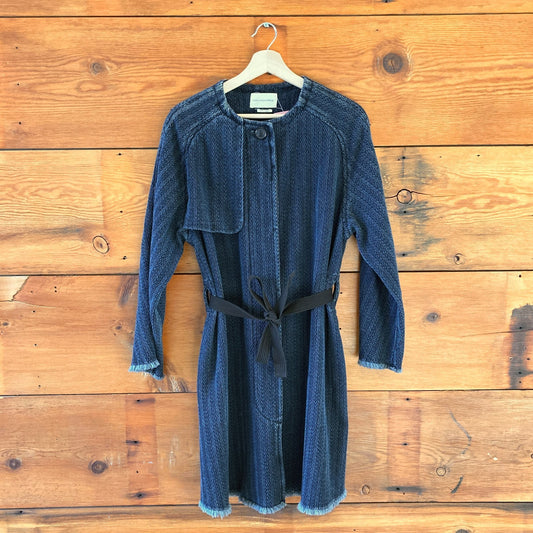 M - Isabel Marant Etoile Navy Herringbone Textured Tie Waist Long Jacket 0114RD