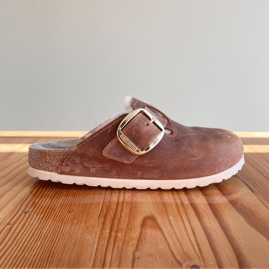 37 - Birkenstock Brown Boston Big Buckle Shearling Lined Slip On Shoes 0104RM